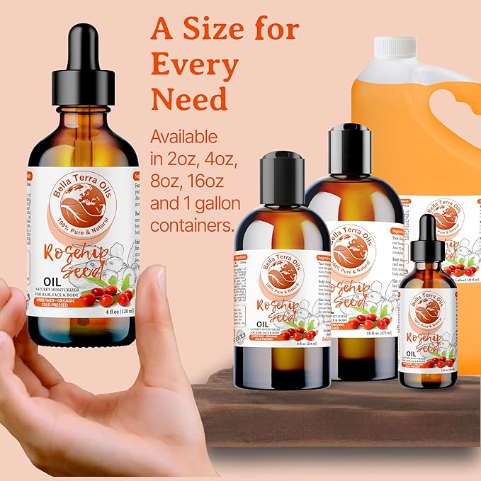 Bella Terra Oils Organic Rosehip Oil for Face, Pure Cold-Pressed Rose Hip Seed Oil for Skin & Hair, Natural Moisturizer & Anti-Aging Facial Oil 16oz