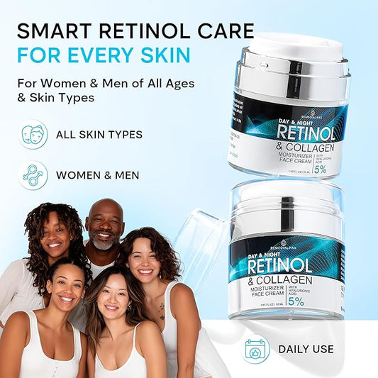 Face Moisturizer Retinol Cream, Anti Aging Neck Firming Cream, Collagen Day & Night Face Cream with Hyaluronic Acid for Women & Men, 1.85 Fl Oz