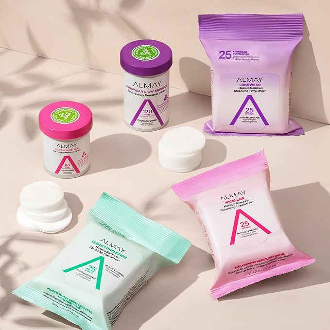Almay Biodegradable Makeup Remover Pads, Longwear & Waterproof, Hypoallergenic, Fragrance-Free, Dermatologist & Ophthalmologist Tested, 80 Count