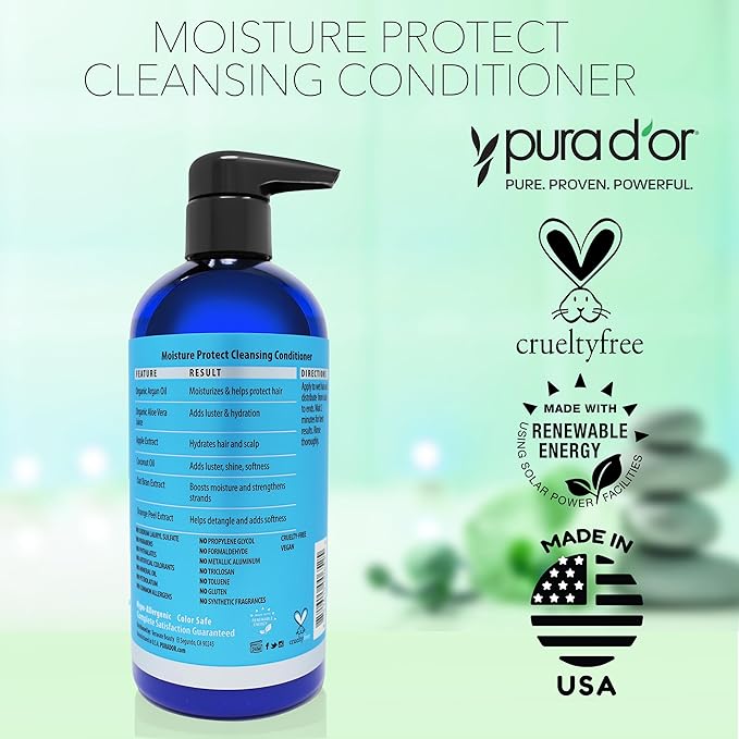 PURA D’OR Moisture Protect Cleansing Conditioner (16oz) Detangles & Restores Hair with Argan Oil, Lavender, No Sulfate, All Hair Types, Men & Women (Packaging may vary)