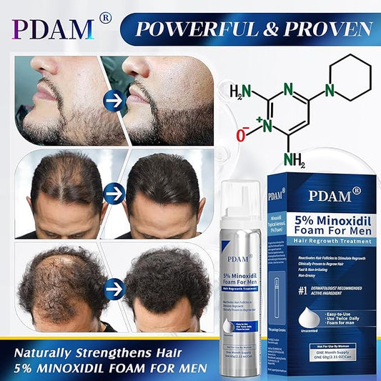 5% Minoxidil for Men Foam Hair Growth - Minoxidil Foam Hair Regrowth Treatment for Men, Topical Hair Loss Treatments, Extra Strength Thicker & Fuller Hair, 1 Month Supply, 2.11 oz