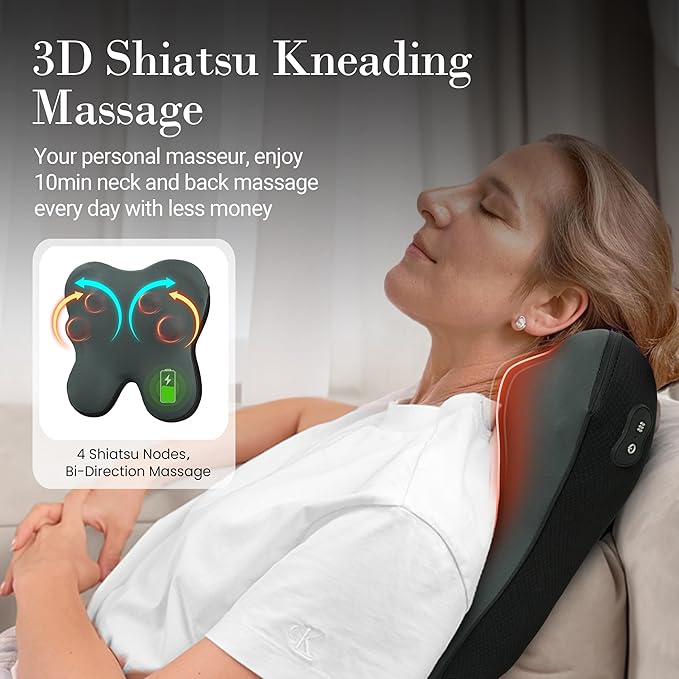 Back Massager with Heat, FSA Eligible HSA Eligible Cordless Shiatsu Neck Massager for Muscle Pain Relief, Kneading Massage Pillow for Neck, Back, Shoulder, Gifts for Women Men