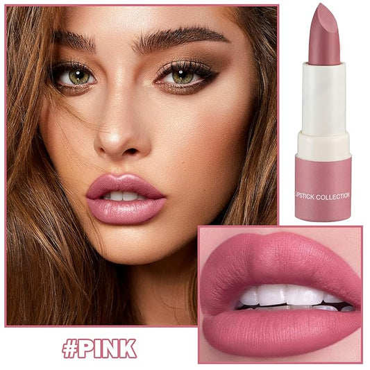Matte Nude Lipstick Silky Velvet Lip Gloss Nude Lip Stain Paper Tube Lipsticks Non-Stick Cup, Waterproof Long Lasting Matte Lipstick for Women Daily Professional Lip Makeup-03 Pink