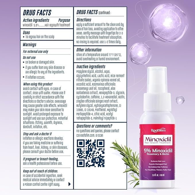 5% Minoxidil Spray for Women Hair Growth: RootStim Extra Strength Hair Regrowth Treatment with Biotin, Caffeine & Peptides for Thinning Hair, Fuller & Healthier Hair - 2 Fl Oz