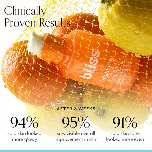 Bliss Vitamin C + Tri-Peptide Bright Idea Serum – 15% Brightening + Barrier Boost Complex for Radiant, Firm Skin – Anti-Aging Face Serum Boosts Collagen & Elasticity - 1 fl oz