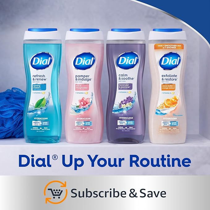 Dial Body Wash, Exfoliate & Restore Cocoa Butter & Orange Extract, 16 Fl Oz Pack of 4, With Vitamin E, Gentle, Leaves Skin Feeling Nourished, Dermatologist-Tested, No Parabens & Sulfates