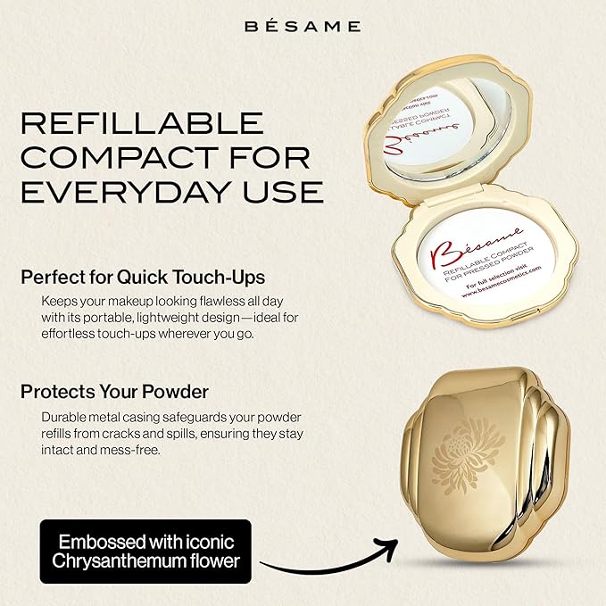 Besame Refillable Pressed Powder Compact | 1930s Art Deco Design | Makeup Case with Mirror & Magnetic Closure | Compatible with Besame Blush, Eyeshadow & Setting Powder Refill | Cosmetics Not Included