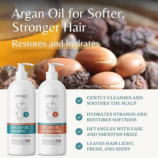 Argan Oil Shampoo and Conditioner Set with Biotin, Repairs Dry & Damaged Hair, Deeply Hydrating & Nourishing, Women & Men, Sulfate-Free, Organic, 16 fl oz Each