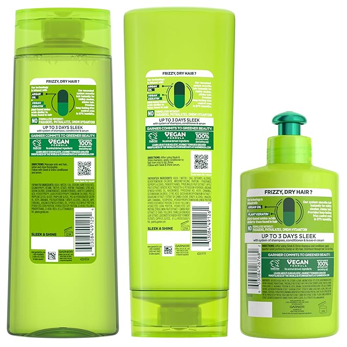 Garnier Fructis Sleek & Shine Shampoo, Conditioner + Leave-In Conditioner Set for Frizzy, Dry Hair, Plant Keratin + Argan Oil (3 Items), 1 Kit (Packaging May Vary)