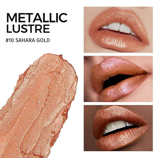 Glitter Gold Lipstick,High Impact Lipcolor Moisturizing Creamy Formula Smooth and Non-Sticky,Metallic Lipstick For Women,Full-Coverage Lip Color(10 SAHARA GOLD, 4g)