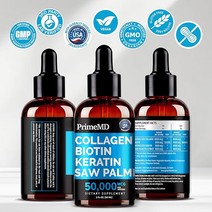 Liquid Collagen Peptides for Women - Serum Complex with Biotin Vitamin, Hydrolyzed Keratin Protein and Saw Palmetto - Comprehensive Formula for Hair, Skin, and Nails Wellness - 2fl oz (Pack of 2)