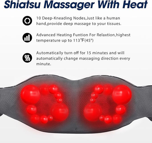 Grey Shiatsu Neck and Back Massager with Heat, Electric Deep Tissue Kneading Neck and Shoulder Massage, Best Gifts for Women Men Mom Dad Mothers Fathers Day Birthday Gift (NOT Cordless)