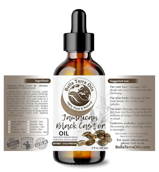Bella Terra Oils - Black Castor Oil 2oz - Cold-Pressed Purity, A Beacon of Natural Beauty, Loaded with Beneficial Fatty Acids