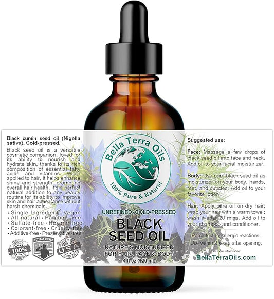 Bella Terra Oils - Black Seed Oil 4 oz - Harness the Power of Nigella Sativa, Abundant in Thymoquinone & Essential Fatty Acids, A Luxurious Addition to Your Beauty Routine