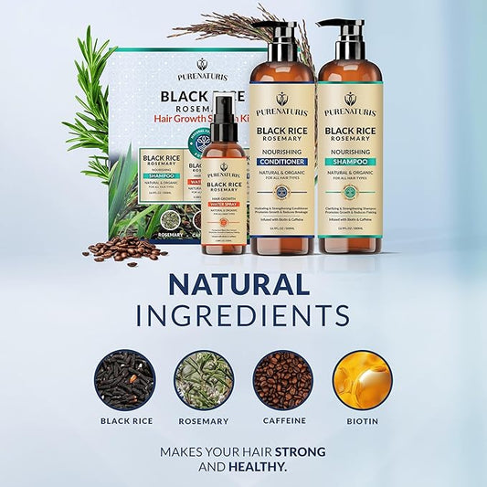 Organic Rosemary Black Rice Water Shampoo Conditioner Set for Hair Growth, Rice Water Spray, w/Rosemary Water, Biotin, Caffeine, Routine Shampoo for Women Men Hair Loss Thickening, Longer