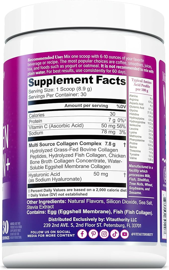 Multi Collagen Peptides Powder for Women - Hydrolyzed Collagen Powder for Women with Types I II III Plus Vitamin C & Hyaluronic Acid for Beautiful Hair Skin and Nails 30 Servings Vanilla Flavored