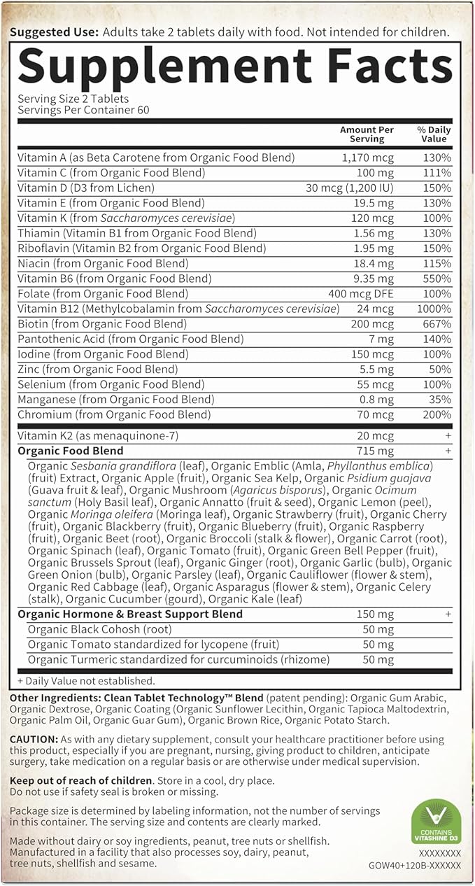 Garden of Life Organics Vitamins for Women 40 Plus, Vegan, Hormone & Breast Health Support Blend, Whole Food, 120 Count