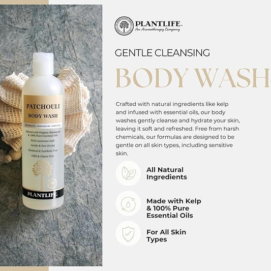 Plantlife Patchouli Body Wash - GMO and Gluten Free Gentle and Moisturizing Body Wash That Contains Only Ingredients Straight from Nature - Manufactured in the USA 14 oz