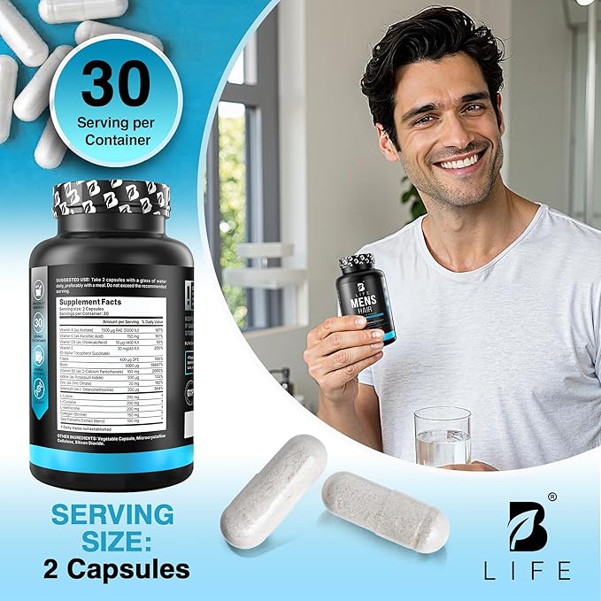 Men’s Hair Growth Supplement – Biotin & Collagen Hair Vitamins for Men – Thicker, Fuller Hair, Nail & Scalp Support – Hair Loss Supplement with Zinc, Selenium & Vitamins A C D E – 60 Capsules