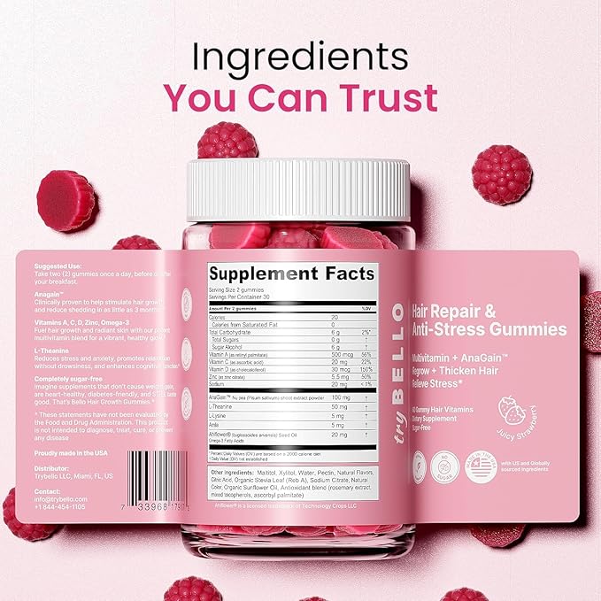 Trybello Anti-Stress & Hair Growth Gummies for Women | Sugar-Free, Vegan Hair Supplements | Gluten-Free, Soy-Free, Dairy-Free Gummy Vitamins for Thicker, Healthier Hair | 60 Servings | 2 Pack Combo