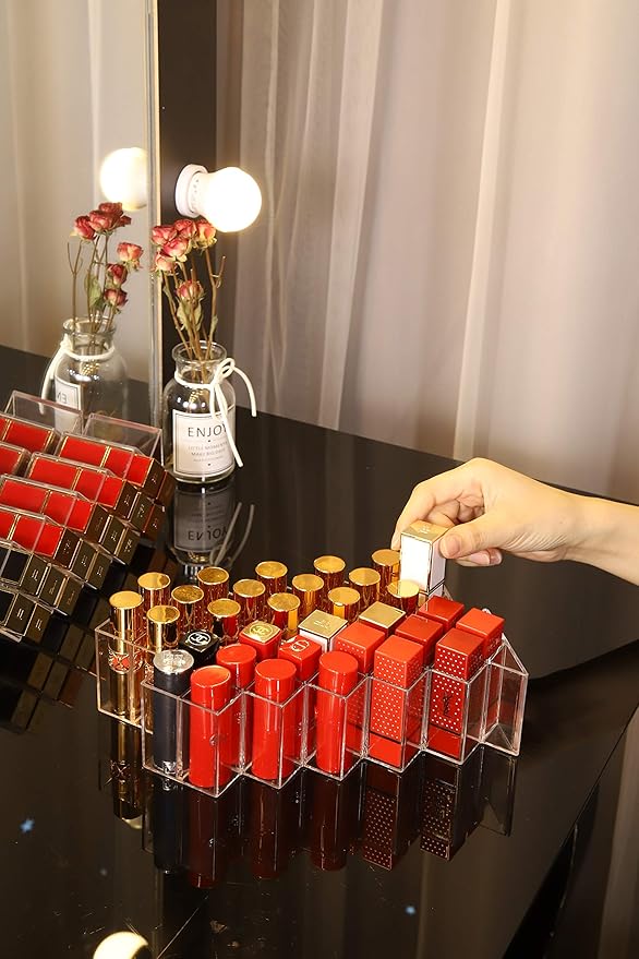 Lipstick Holder Organizer 64 Spaces Acrylic Stackable Fish Shape Lipstick Tower, Lip Gloss Storage Stand, Perfect for Lipgloss Organizers Makeup Vanity Display, Clear (4 Pack)