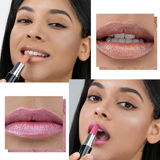2pcs Metallic Glitter Nude and Pink Lipstick High Impact Lipcolor,Moisturizing Creamy Formula,Lipstick For Women,Smooth and Non-Sticky,Full-Coverage Lip Color