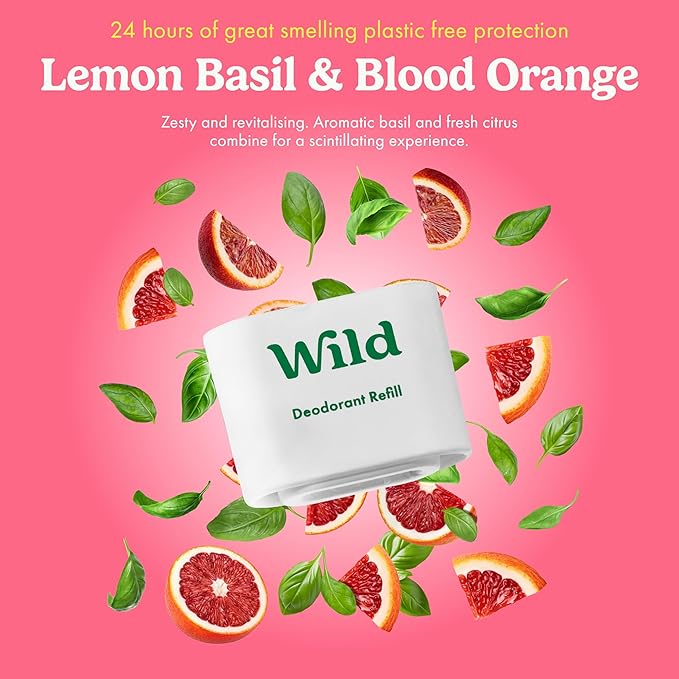 Wild - Refillable Deodorant Starter Kit with Aqua Case and Lemon Basil & Blood Orange Scented Refill 1.4oz - Aluminum Free - Long Lasting Protection - Vegan