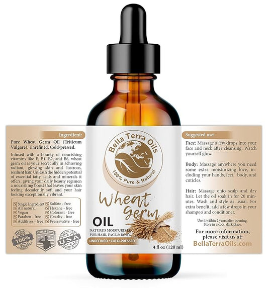 Bella Terra Oils - Organic Wheat Germ Oil 4oz - A Symphony of Vitamin E & C, Pure Essence of Face Oil, Dive into Natural Glow & Suppleness