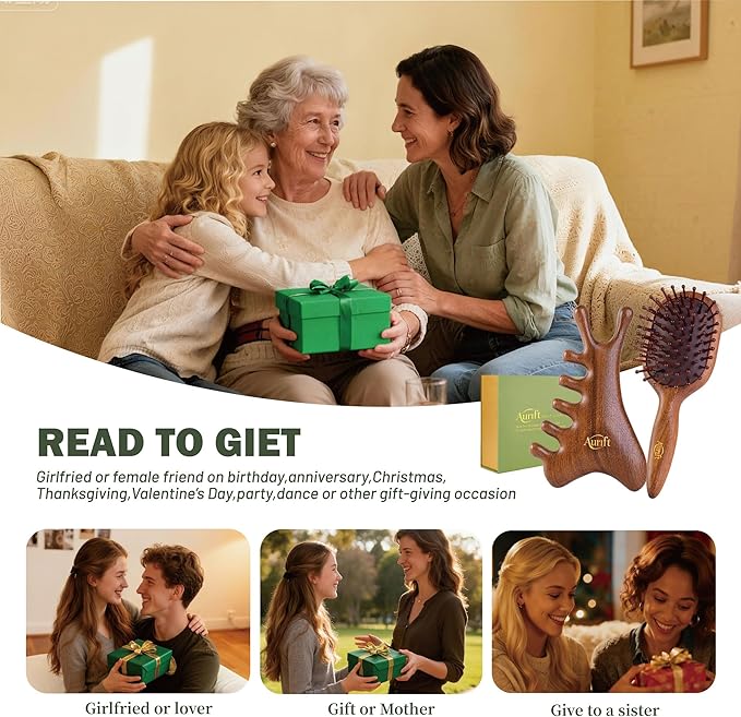 4 in 1 Gua Sha Tool & Hair Detangler Brush Set, Christmas Gifts for Women, Guasha Massager Tool for Face & Body, Eyes Care, Lymphatic Drainage, jawline Shaper, Wooden Scalp Neck Massager