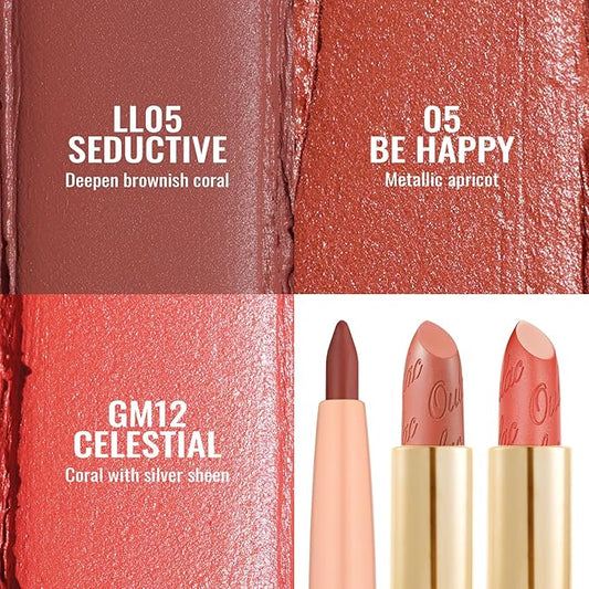 Oulac Lipstick & Lipliner Set 3PCS High Impact Lipcolor with Moisturizing Formula, Vegan Beauty, Full-Coverage Lip Color, Gift Lipstick for Women, LL05+05+GM12