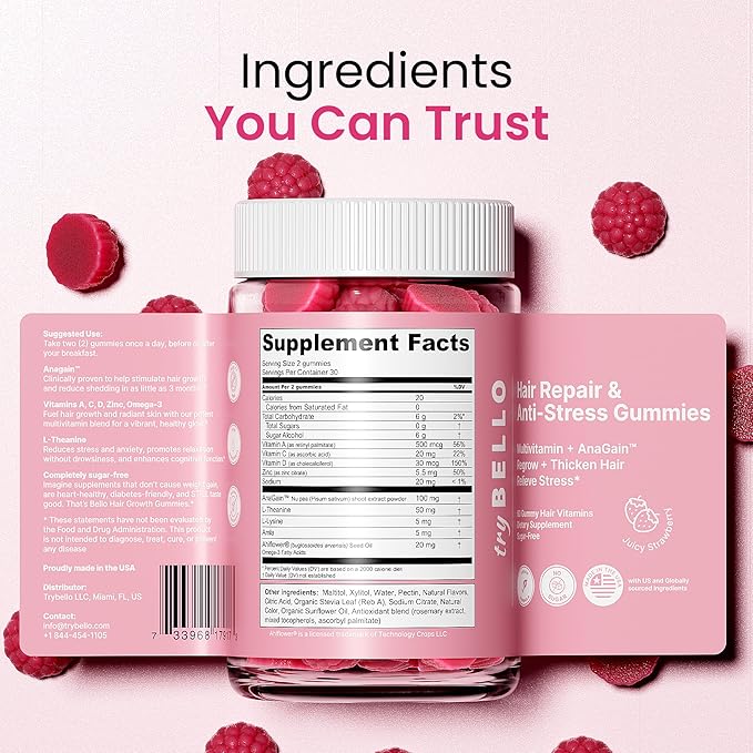 Trybello Anti-Stress & Hair Growth Gummies for Women | Sugar-Free, Vegan Hair Supplements | Gluten-Free, Soy-Free, Dairy-Free Gummy Vitamins for Thicker, Healthier Hair | 30 Servings