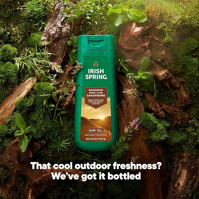 Irish Spring Saharan Dawn Moisturizing Body Wash for Men, 24 Hour Fresh, Face and Body Wash, Paraben Free, Cedar and Vetiver Scent, 20 fl oz Bottle (Pack of 4)