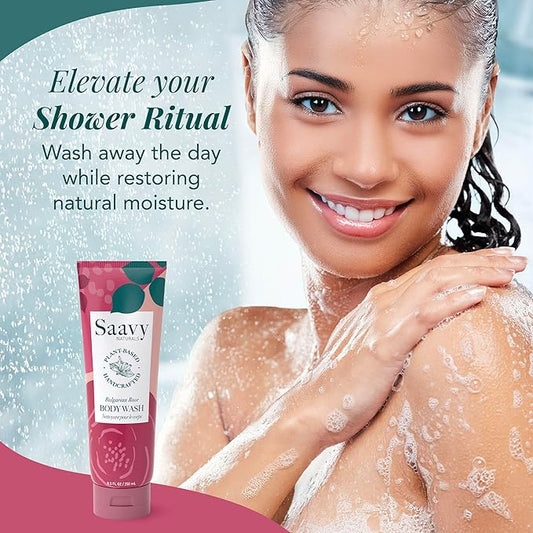 Saavy Naturals Body Wash Bulgarian Rose Plant-Based Ingredients- Made In USA - Sensitive Skin Body Washl Organic Formula With Coconut Oil, Shea Butter, And Aloe Vera - 8.5 Fl Oz, 2 Pack