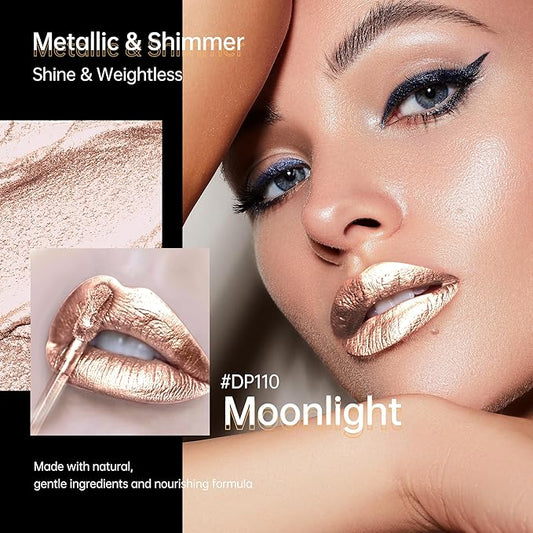 Silver Lipsticks for Women Metallic Lipstick Long Lasting Non Stick Cup Lip Gloss, Shimmer Lightweight Hydrating Full Coverage Lip Color, DP110 Moonlight