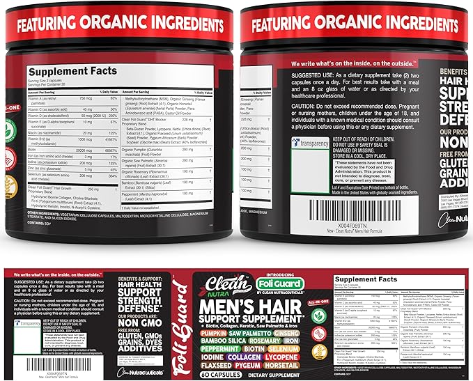 Hair Growth Supplement For Men | Biotin Hair Vitamins Collagen Pumpkin Seed Saw Palmetto Iron Ginseng Bamboo Silica Rosemary Peppermint Keratin Selenium Iodine Flaxseed Horsetail Vitamin A C D3 E B12