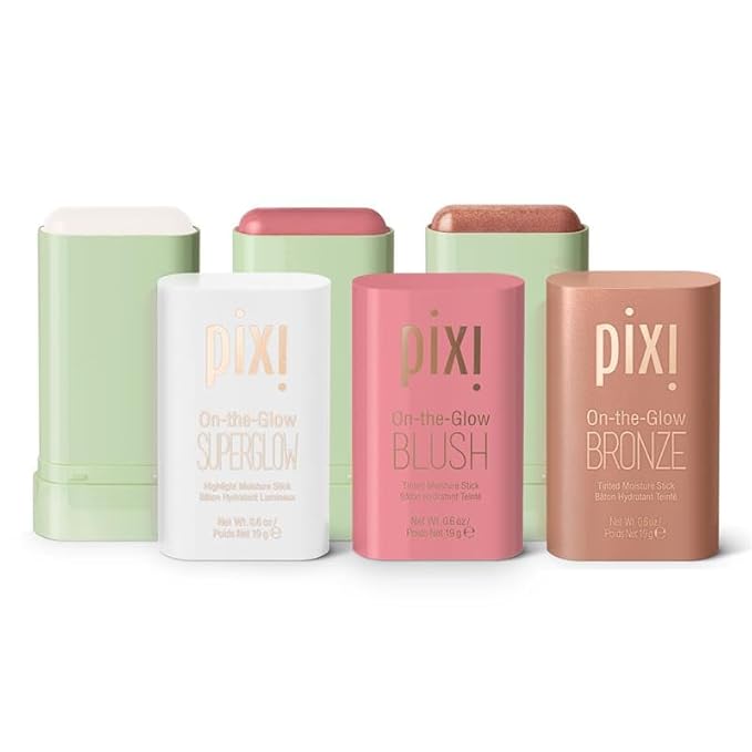Pixi Beauty Radiance Ready On-the-Glow Trio | Hydrating Hydrating Tinted Moisture Stick Blush, Bronzer, and Highlighter Set | Travel Size, Vegan, and Paraben-Free