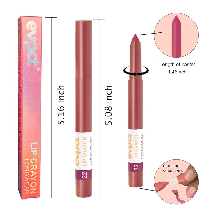 evpct Rose Lip Liner Crayon Pencils Set for Women, Hot Pink Matte Lip Stick Crayon Long Lasting, Lips Pencil Liner and Lipstick set, Lipliner Pencil, 24 Hours Long Wearing Lipstick Built-in Sharpener