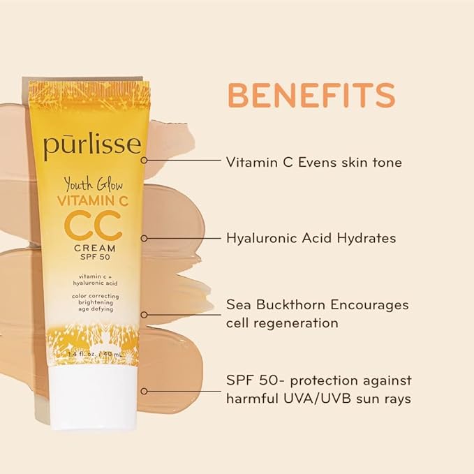 pürlisse Youth Glow Vitamin C CC Cream with SPF 50 - Color Corrector Enriched with Sea Buckthorn, Vitamin C & Hyaluronic Acid - Boosts Radiance & Youthfulness - Paraben-Free - Light (1.4 oz)