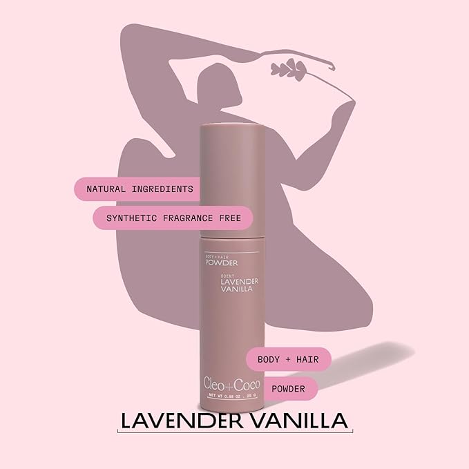 Cleo + Coco. Deodorant Powder for Body and Hair, Lavender Vanilla (0.88 oz), 2-in-1 Deo Powder & Dry Shampoo for Women & Men, Aluminum Free Deodorant, Talc-Free, Anti Chafe Protector, Travel-Size