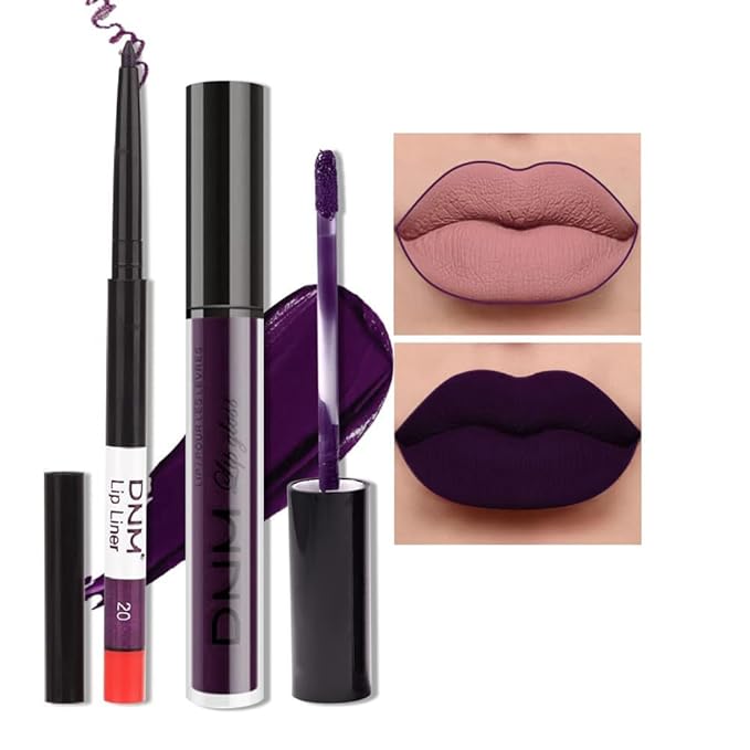 Amy's Diary 2Pcs Dark Purple Lip Liner and Lipstick Matte Makeup Set, Darkest Eggplant Plum 24H With Liner Set, Matt Liquid Long Lasting Mate Dark Berry (#20)