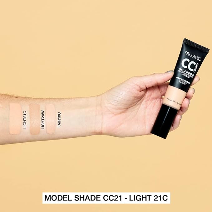 Palladio Full-Coverage Color Correction CC Cream, Oil-Free with Peptides & Vitamin C, Best for Correcting Redness and Uneven Skin Tone, Buildable Foundation Coverage (Light 21C)