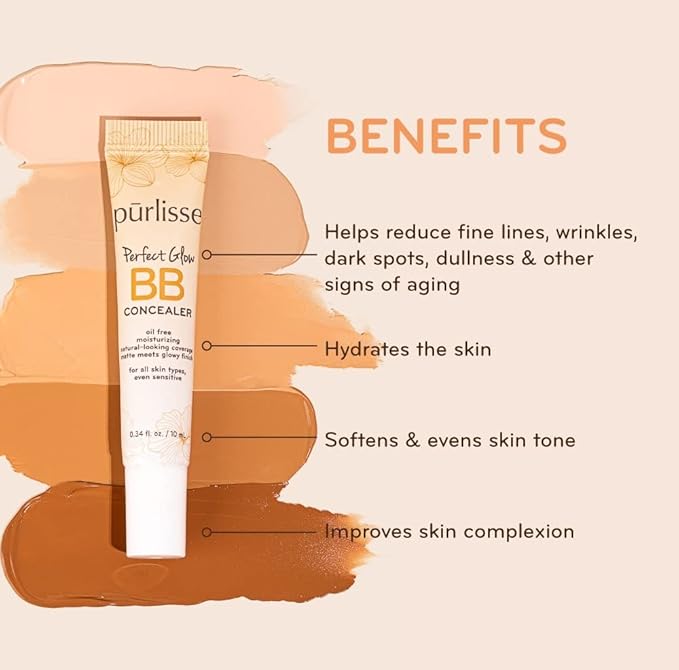 pürlisse Perfect Glow BB Cream Concealer - Hydrating Under Eye Concealer with Jasmine and Goji & Hawthorn Berry - Oil Free Makeup for Dark Circles, Redness & Fine Lines - Light (0.34 oz)