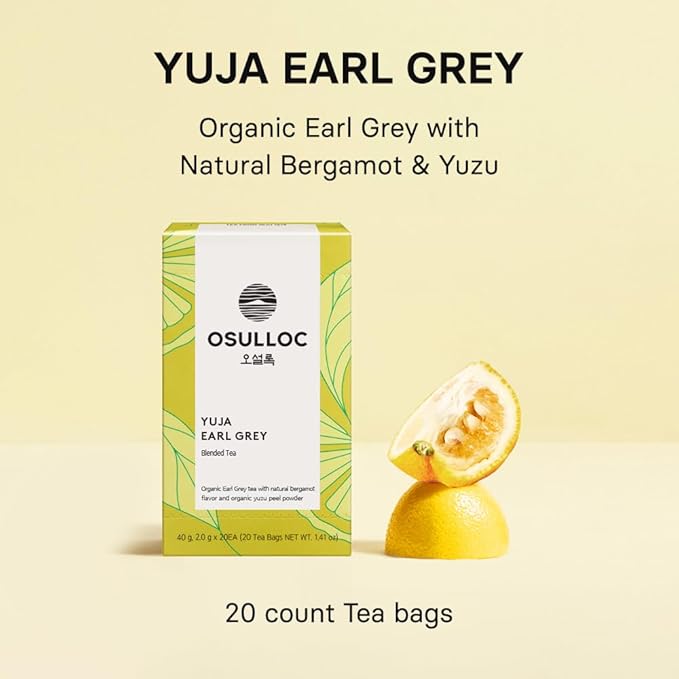 OSULLOC Yuja Earl Grey (Natural bergamot flavor, Yuju), USDA Organic, Premium Teabags from Jeju Island, 20 count, 1.41 oz, 40g