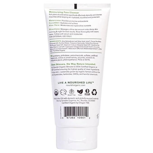Nourish Organic Moisturizing Face Cleanser for All Skin Types, Watercress + Cucumber Face Wash, Fragrance-Free (6 Oz) + Washable Cotton Round