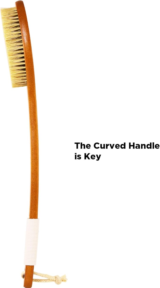 ICANdOIT-17.71Inch Natural Stiff Sisal Bristles Anti-Slip Curved Long Handle Bath Brush,Bent Handle Shower Scrubber for Exfoliating,Shower Back Brush