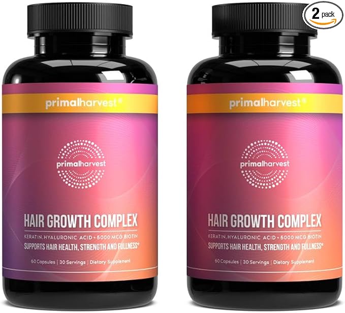 Primal Harvest Hair Growth Vitamins, 2 Pack - 120 Pills, Natural Hair Regrowth, Thickening, and Supplement for Men & Women with Biotin & Zinc
