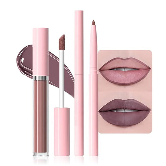 AMY'S DIARY 2pcs Matte Dark Red Lip Liner & Lipstick&Shiny Clear Lip Oil Makeup Set, Liquid Lipstick 24H and Lip Liner Set Matt Liquid Lips Make Up Waterproof Long Lasting (01#, 2 Pcs Set)