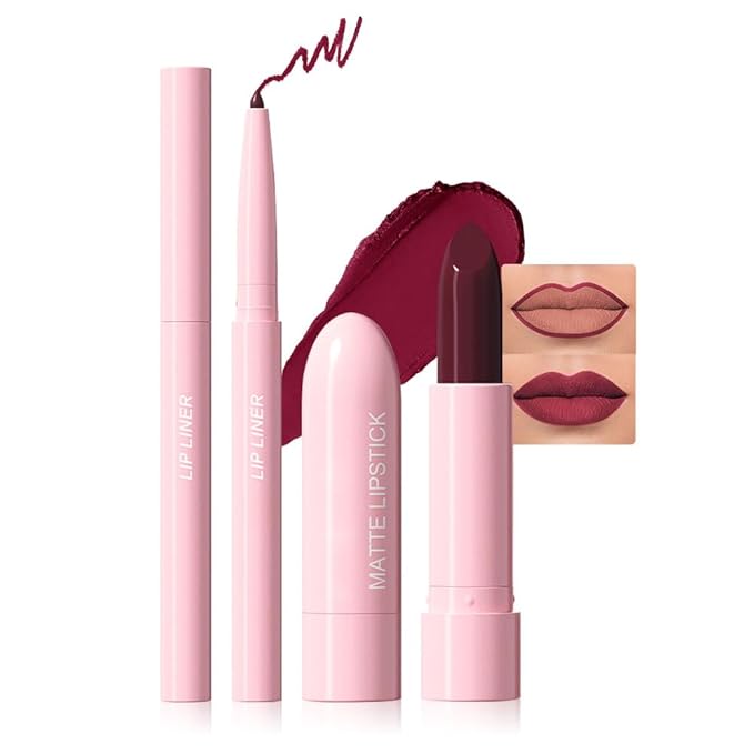 2 in 1 Matte Lipstick Lip Liner Pencil Set,Wine Red Waterproof Lip Stick Lip liner Combo for Old Women Long Lasting Lipstick,labiales mate 24 horas originales