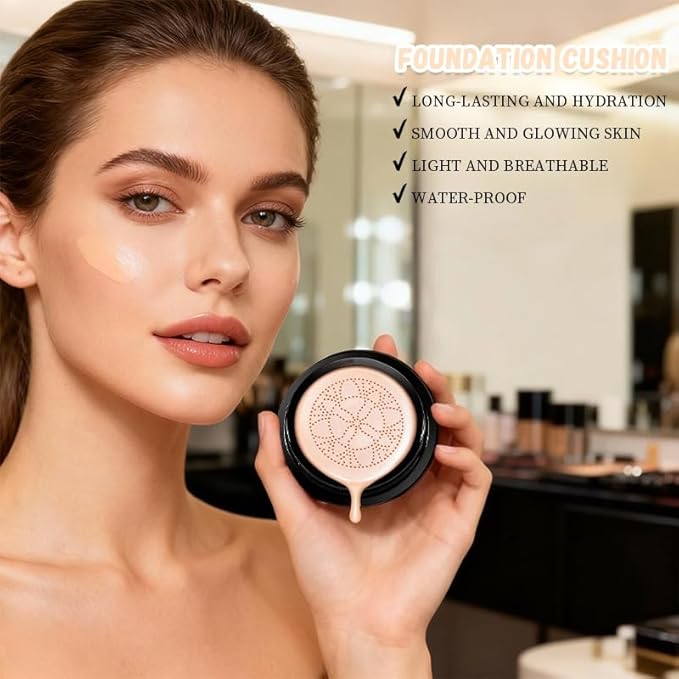 Hush Foundation for Older Women, 2026 New Mushroom Head Air Cushion CC Cream, Full Coverage Foundation for Older Women, BB Cream for All Skin Types (Natural)