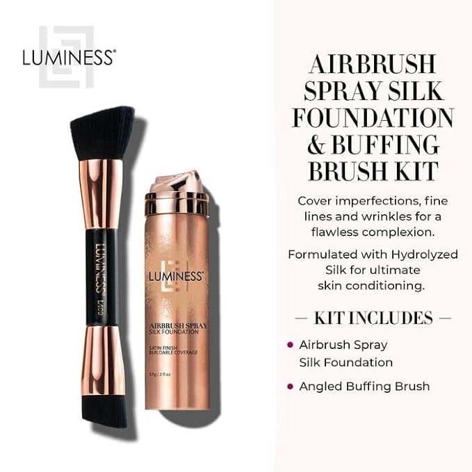 LUMINESS Silk Airbrush Spray Foundation & Buffing Brush Kit – Full Coverage Foundation & Dual-Sided Buffing Brush - Buildable Coverage, Anti-Aging Formula Hydrates & Moisturizes (Shade - Warm)